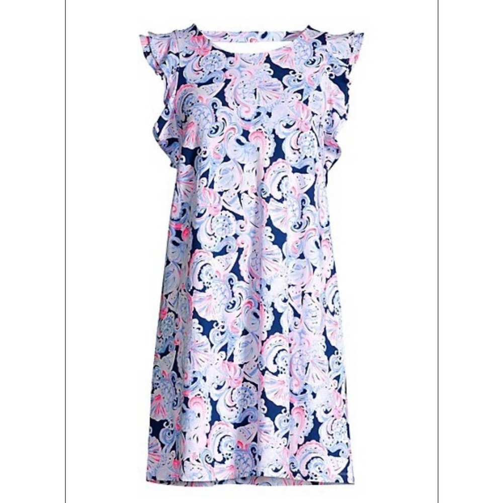 Lilly Pulitzer Dani Ruffled Abstract Shift Dress Color: High Tide Sz:M